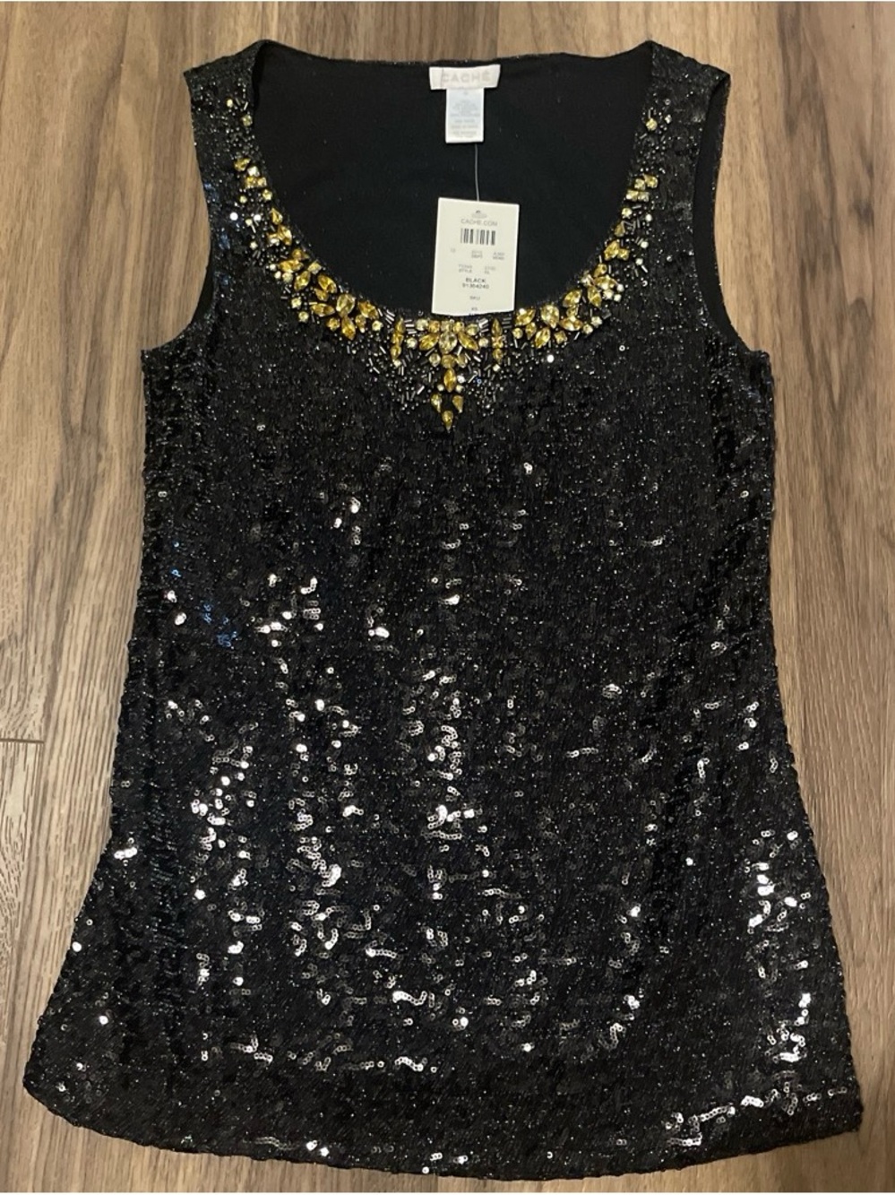 Cache Black Sequin Tank with Gold Beaded Neckline